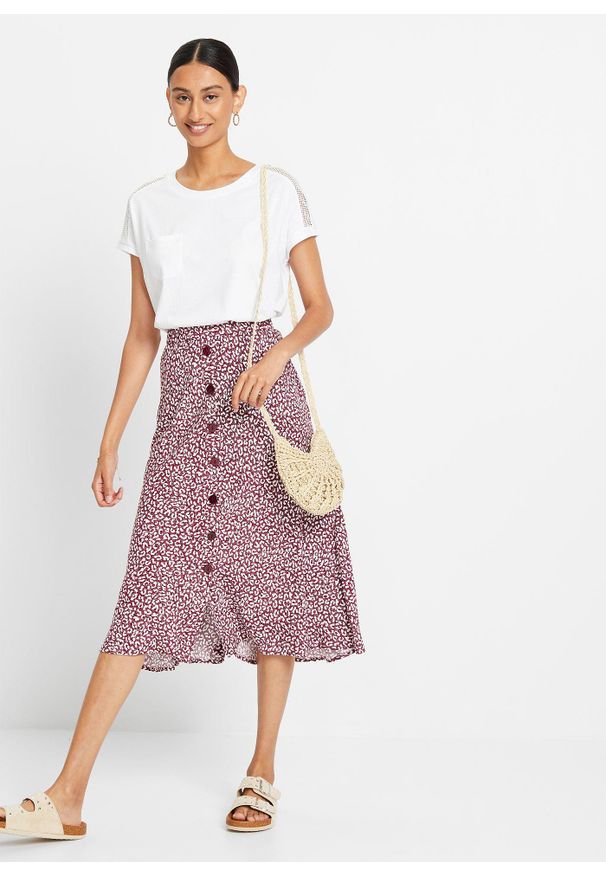 bonprix - Spódnica midi z wiskozy z kieszeniami. Kolor: czerwony. Materiał: wiskoza. Styl: elegancki