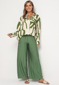 Born2be - Zielono-Beżowy Wiskozowy Komplet Koszula z Dłuższym Tyłem Spodnie z Gumką w Talii Kolefia. Kolor: zielony. Materiał: wiskoza #9