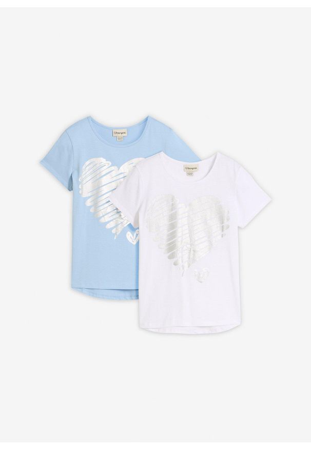 bonprix - T-shirt (2 szt.), bawełna organiczna. Kolor: niebieski. Materiał: bawełna. Długość: długie. Wzór: nadruk