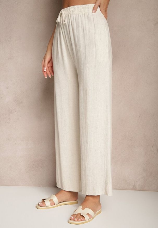Renee - Beżowe Szerokie Spodnie z Lnem High Waist Sanitria. Okazja: na co dzień. Stan: podwyższony. Kolor: beżowy. Materiał: len. Styl: elegancki, casual