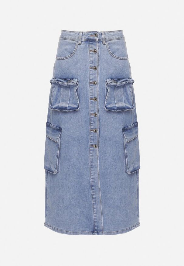 Born2be - Niebieska Jeansowa Spódnica z Wysokim Stanem z Guzikami i Ozdobnymi Kieszeniami Teruna. Okazja: na co dzień. Stan: podwyższony. Kolor: niebieski. Materiał: jeans. Styl: elegancki, casual