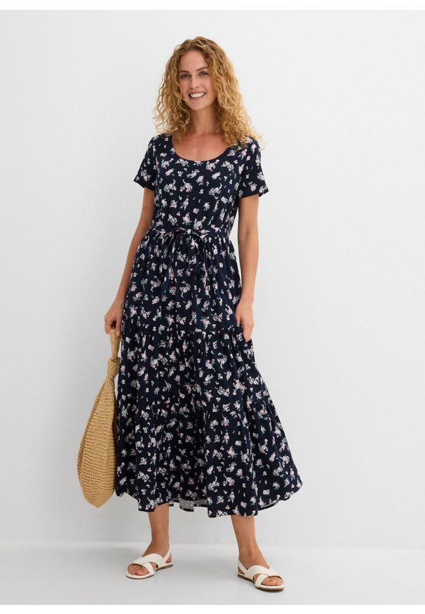 bonprix - Sukienka z czystej bawełny. Kolor: niebieski. Materiał: bawełna. Długość rękawa: krótki rękaw. Wzór: nadruk. Sezon: lato. Długość: maxi