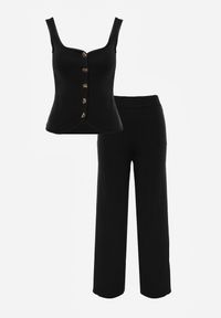 Renee - Czarny Komplet z Dzianiny z Wiskozą Spodnie Wide Leg i Top z Guzikami Merice. Kolor: czarny. Materiał: dzianina, wiskoza #6