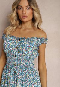 Renee - Niebieska Taliowana Sukienka Bawełniana o Rozkloszowanym Kroju z Gumką w Pasie Nelyssa. Okazja: na co dzień. Kolor: niebieski. Materiał: bawełna. Styl: casual #4