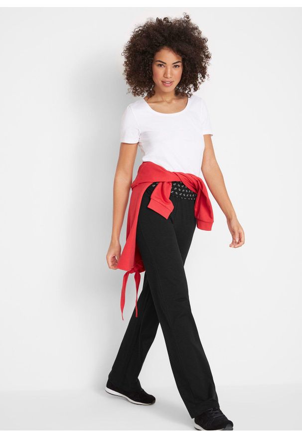 bonprix - Spodnie z dżerseju z wywijanym paskiem, Straight. Kolor: czarny. Materiał: jersey. Styl: sportowy