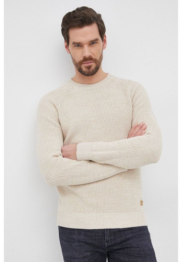 Selected Homme Sweter bawełniany męski kolor beżowy. Kolor: beżowy. Materiał: bawełna. Długość rękawa: raglanowy rękaw. Wzór: ze splotem