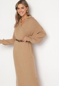 Born2be - Ciemnobeżowa Pudełkowa Sukienka Sweterkowa z Wiskozą Szerokimi Rękawami i Kołnierzykiem Rinfera. Kolor: beżowy. Materiał: wiskoza. Typ sukienki: proste. Styl: wizytowy, elegancki #4