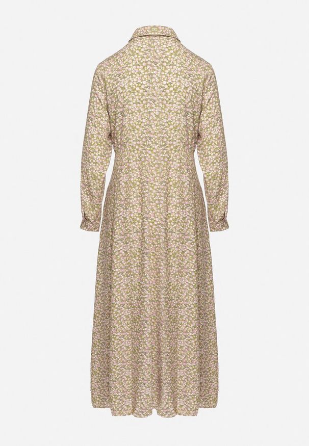 Born2be - Zielono-Beżowa Sukienka Perippe. Kolor: zielony. Wzór: kolorowy, aplikacja, kwiaty, nadruk. Typ sukienki: rozkloszowane, koszulowe. Długość: maxi