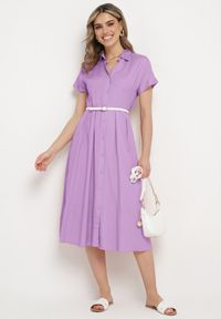 Born2be - Fioletowa Koszulowa Sukienka z Lnem i Wiskozą Ircilla. Okazja: na spacer. Kolor: fioletowy. Materiał: len, wiskoza. Długość rękawa: krótki rękaw. Typ sukienki: koszulowe #1