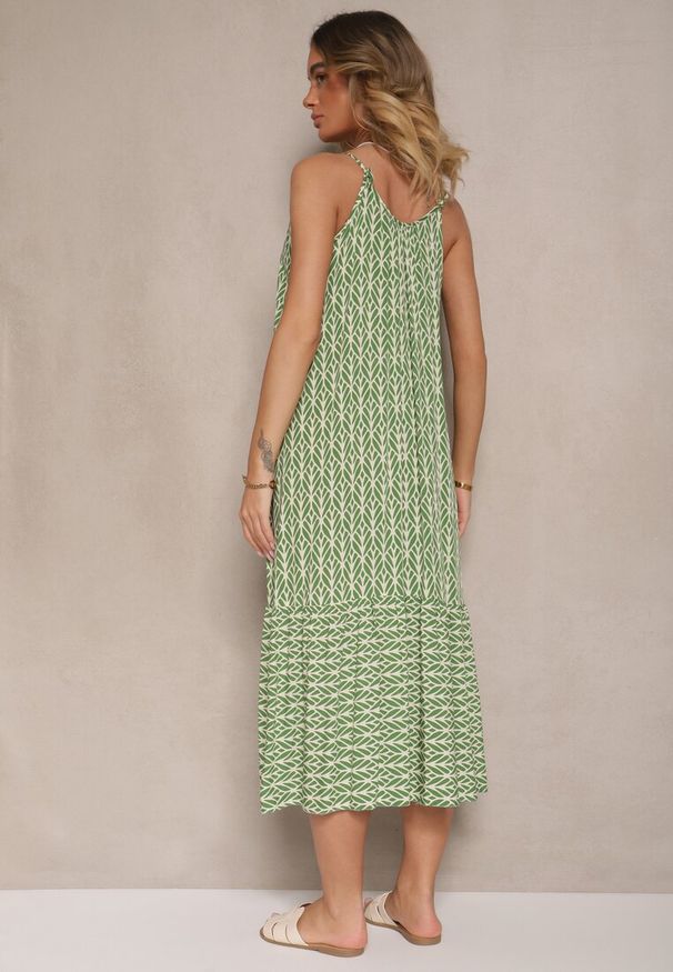 Renee - Zielona Sukienka z Bawełny Ozdobiona Geometrycznym Motywem Nilavionea. Kolor: zielony. Materiał: bawełna. Długość rękawa: na ramiączkach. Wzór: aplikacja, geometria. Sezon: wiosna, lato. Styl: elegancki
