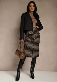 Renee - Czarno-Beżowa Tweedowa Spódnica Ołówkowa w Kratę z Guzikami Aretusa. Okazja: na spotkanie biznesowe. Stan: podwyższony. Kolor: czarny. Styl: biznesowy #3