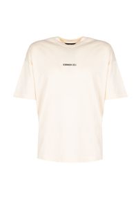 Les Hommes T-Shirt "Happy Pictures Oversize" | LBT1015700P | Mężczyzna | Beżowy. Okazja: na co dzień. Kolor: beżowy. Materiał: bawełna. Wzór: nadruk. Styl: klasyczny, casual, elegancki