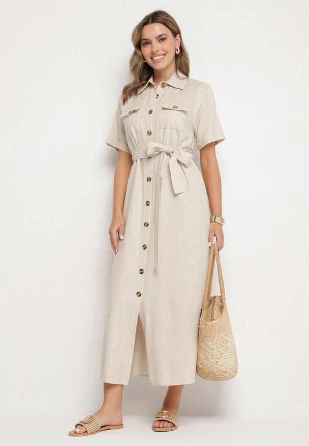 Born2be - Beżowa Sukienka Koszulowa z Materiałowym Paskiem z Lnu i Wiskozy Werilene. Okazja: na co dzień. Typ kołnierza: kołnierzyk klasyczny. Kolor: beżowy. Materiał: len, wiskoza, materiał. Sezon: lato. Typ sukienki: koszulowe. Styl: klasyczny, casual