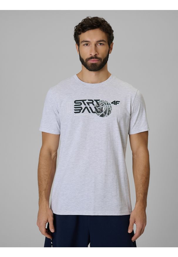 4f - 4F T-shirt regular z nadrukiem męski - szary L. Okazja: na co dzień. Kolor: szary. Materiał: materiał, bawełna. Wzór: nadruk. Styl: sportowy, casual