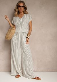 Renee - Biało-Niebieskie Szerokie Spodnie High Waist w Paski z Bawełny Silorea. Okazja: na co dzień. Stan: podwyższony. Kolor: biały. Materiał: bawełna. Wzór: paski. Styl: elegancki, casual
