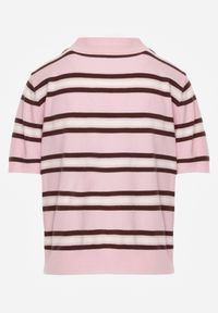 Renee - Różowy T-shirt Polo z Wiskozą w Paski z Guzikami Vevevia. Okazja: na co dzień. Typ kołnierza: polo. Kolor: różowy. Materiał: wiskoza. Wzór: paski. Styl: casual, sportowy #5