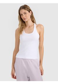 4f - 4F Top slim gładki damski - biały XXL. Kolor: biały. Materiał: materiał, bawełna, elastan, jersey, dzianina. Wzór: gładki #1