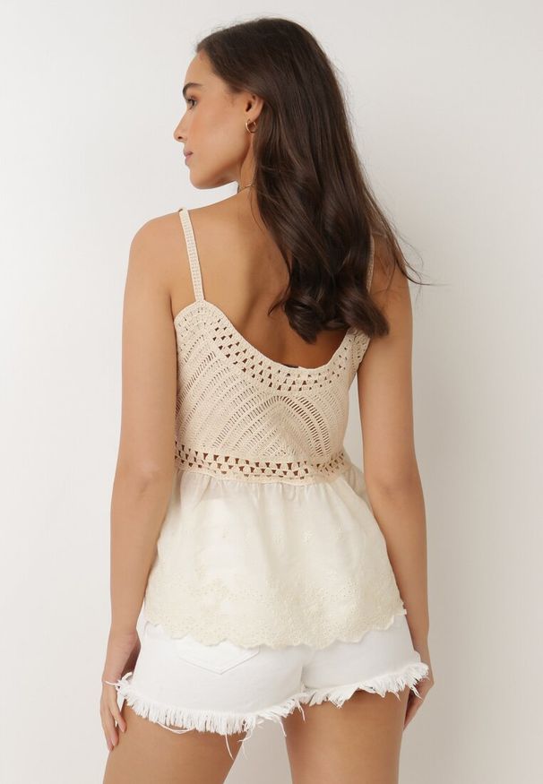 Born2be - Beżowy Top Rhaedone. Kolor: beżowy. Materiał: bawełna. Długość rękawa: na ramiączkach. Wzór: haft, ażurowy. Sezon: lato. Styl: boho