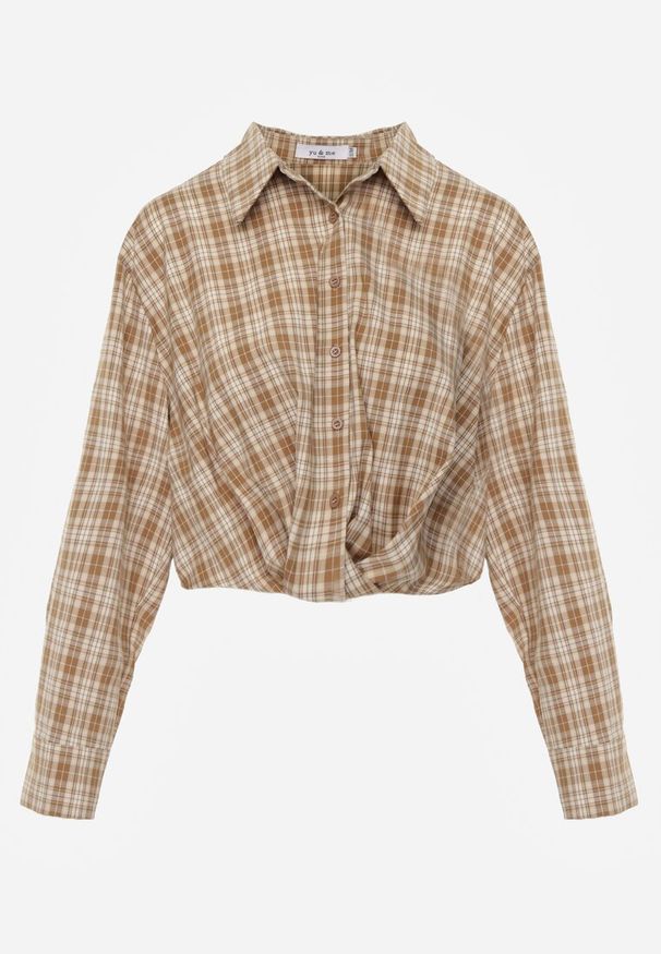 Renee - Beżowa Koszula z Bawełny Typu Crop w Kratę Ozdobiona Marszczeniem Risettes. Okazja: na co dzień. Kolor: beżowy. Materiał: bawełna. Wzór: aplikacja. Styl: casual