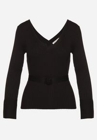 Born2be - Czarny Sweter z Prążkowanego Materiału z Dodatkiem Wiskozy Ozdobnym Paskiem i Kwiatem Clendra. Okazja: na co dzień. Kolor: czarny. Materiał: materiał, wiskoza, prążkowany. Długość rękawa: długi rękaw. Długość: długie. Wzór: kwiaty. Styl: klasyczny, casual #4