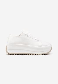 Born2be - Białe Sznurowane Sneakersy Trampki na Grubej Podeszwie z Ozdobnym Bieżnikiem Sanque. Kolor: biały. Materiał: jeans, bawełna #4