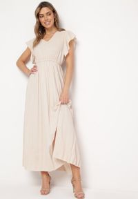 Born2be - Beżowa Plisowana Sukienka Maxi Rozkloszowana z Luźnymi Rękawkami Serahpine. Okazja: na co dzień, na spacer, na imprezę. Kolor: beżowy. Długość rękawa: krótki rękaw. Typ sukienki: proste. Styl: casual. Długość: maxi #1