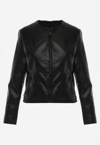 Born2be - Czarna Przejściowa Kurtka Taliowana Ramoneska bez Kołnierzyka Nissanea. Okazja: na co dzień. Typ kołnierza: bez kołnierzyka. Kolor: czarny. Materiał: poliester. Styl: casual, klasyczny #2