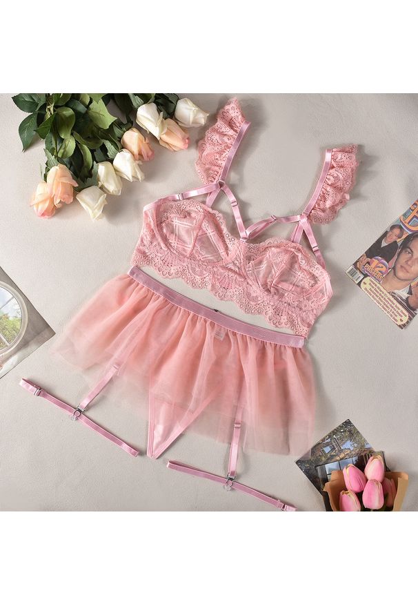 Intica - Komplet bielizny tiulowej z koronką na wyjątkowe okazje Alise. Kolor: różowy. Materiał: tiul, koronka. Wzór: koronka