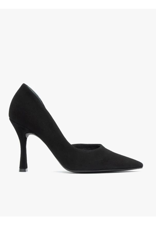 Ryłko - Czarne welurowe czółenka na obcasie flare. Zapięcie: bez zapięcia. Kolor: czarny. Materiał: skóra, welur. Obcas: na obcasie. Styl: elegancki, street. Wysokość obcasa: średni