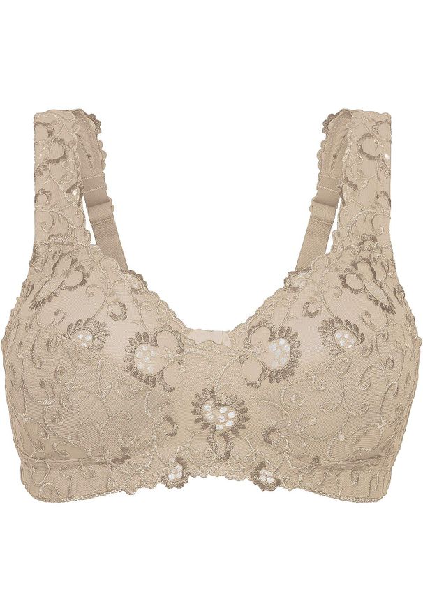 bonprix - Biustonosz odciążający bez fiszbinów z wyściełanymi ramiączkami. Kolor: beżowy. Rodzaj stanika: różne sposoby noszenia, wyściełane miseczki. Wzór: haft