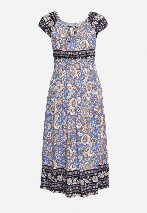 Born2be - Fioletowa Bawełniana Sukienka z Gumką w Talii i Wiązanym Dekoltem Emetta. Okazja: na co dzień. Kolor: fioletowy. Materiał: bawełna. Styl: casual, elegancki