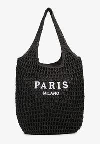 Born2be - Czarna Torebka Shopper z Plecionką i Napisami Navessa. Kolor: czarny. Wzór: napisy. Sezon: lato, wiosna. Styl: klasyczny, casual