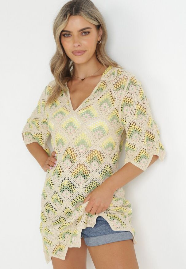 Born2be - Żółto-Fuksjowa Pudełkowa Sukienka Mini z Głębokim Dekoltem z Szydełkowej Bawełny Cristel. Kolor: żółty. Materiał: bawełna. Styl: boho. Długość: mini