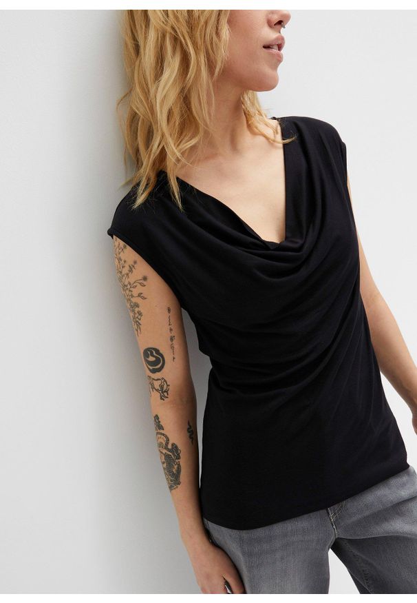 bonprix - Top z mieszanki wiskozy. Typ kołnierza: dekolt woda. Kolor: czarny. Materiał: wiskoza. Styl: klasyczny