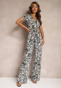 Renee - Czarno-Biały Kopertowy Kombinezon Taliowany z Szerokimi Nogawkami Talamla. Okazja: na co dzień. Kolor: czarny. Styl: casual, elegancki