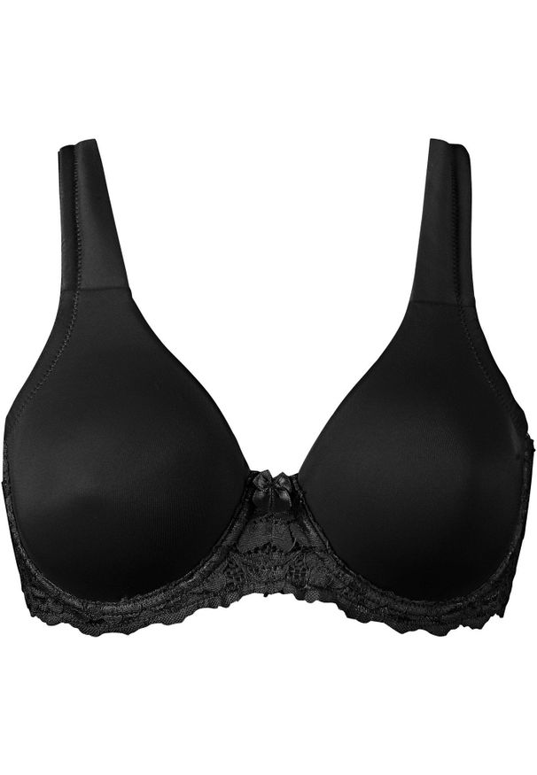 bonprix - Biustonosz typu T-shirt z wyściełanymi ramiączkami. Kolor: czarny. Materiał: koronka. Rodzaj stanika: różne sposoby noszenia, wyściełane miseczki. Wzór: kwiaty, aplikacja, koronka