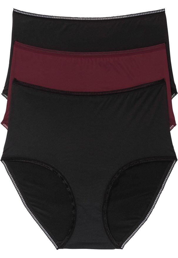 bonprix - Figi z wysoką talią z mikrofibry (3 pary). Kolor: czarny. Materiał: mikrofibra. Wzór: gładki, koronka