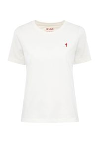 Ochnik - Kremowy t-shirt damski z emblematem. Okazja: na co dzień, na urodziny. Kolor: biały. Materiał: bawełna. Długość rękawa: krótki rękaw. Długość: krótkie. Styl: casual, elegancki