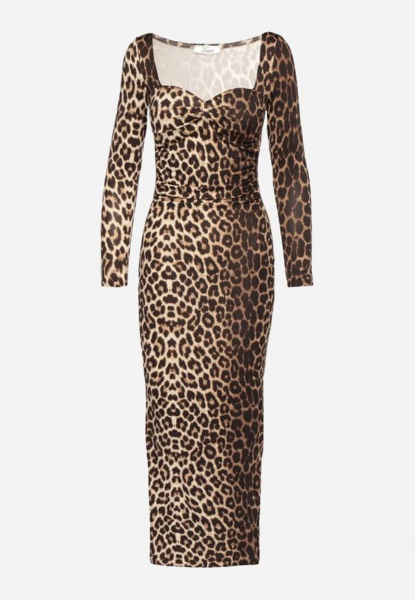 Born2be - Brązowa Panterkowa Dopasowana Sukienka z Ozdobnym Marszczeniem i Rozcięciem Selandris. Kolor: brązowy. Długość rękawa: długi rękaw. Wzór: kolorowy. Typ sukienki: dopasowane. Styl: elegancki