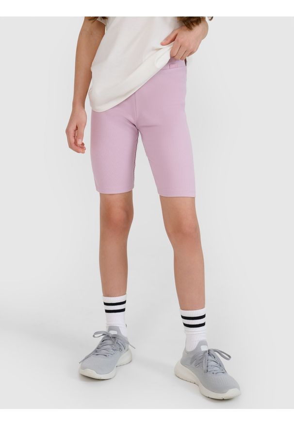 4f - 4F Legginsy kolarki z prążkowanej dzianiny dziewczęce - fioletowe 146 (10-11 lat). Okazja: na co dzień. Stan: podwyższony. Kolor: fioletowy. Materiał: prążkowany, dzianina. Długość: krótkie. Sezon: lato. Styl: casual, sportowy