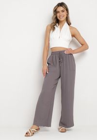 Born2be - Szare Spodnie z Prostą Nogawką i Kieszeniami oraz Sznurkiem w Talii Qulai. Okazja: na co dzień. Stan: podwyższony. Kolor: szary. Styl: casual #3
