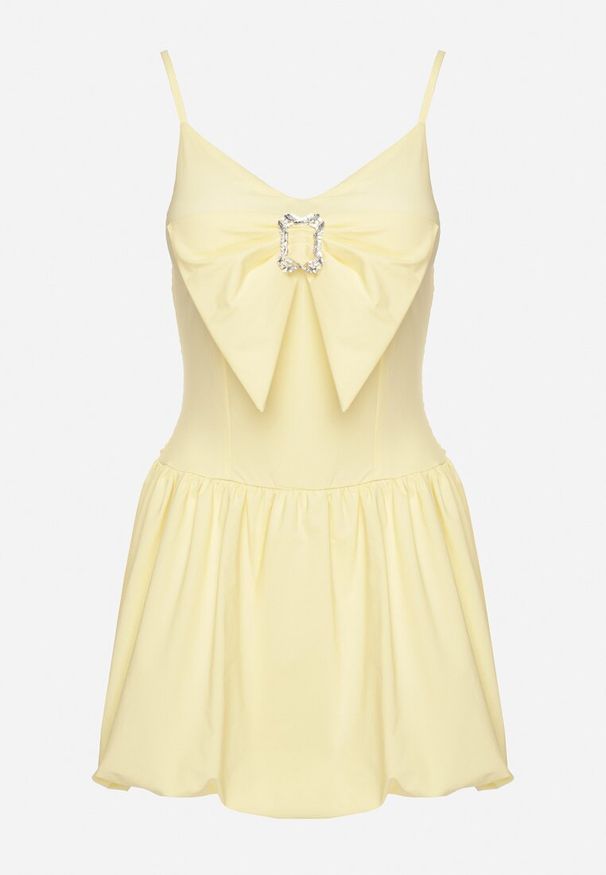 Born2be - Żółta Sukienka Bombka na Cienkich Ramiączkach z Kokardą i Cyrkoniami Paliandria. Okazja: na imprezę. Typ kołnierza: kokarda. Kolor: żółty. Długość rękawa: na ramiączkach. Wzór: aplikacja. Sezon: lato. Typ sukienki: bombki. Styl: elegancki