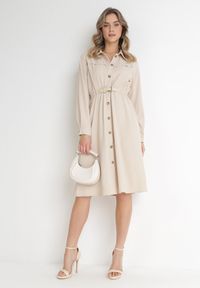 Born2be - Beżowa Sukienka Midi z Gumką w Pasie i Dodatkowym Paskiem ze Sprzączką Zawadi. Kolor: beżowy. Styl: elegancki. Długość: midi #4