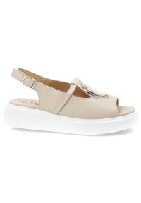 S.Barski - Sandały damskie S. Barski, na platformie skórzane z ozdobą i na sprzączkę, beżowe, GR51-603. Okazja: na co dzień. Zapięcie: sprzączka. Kolor: beżowy. Materiał: skóra. Wzór: aplikacja. Sezon: lato. Obcas: na platformie. Styl: casual, elegancki #2