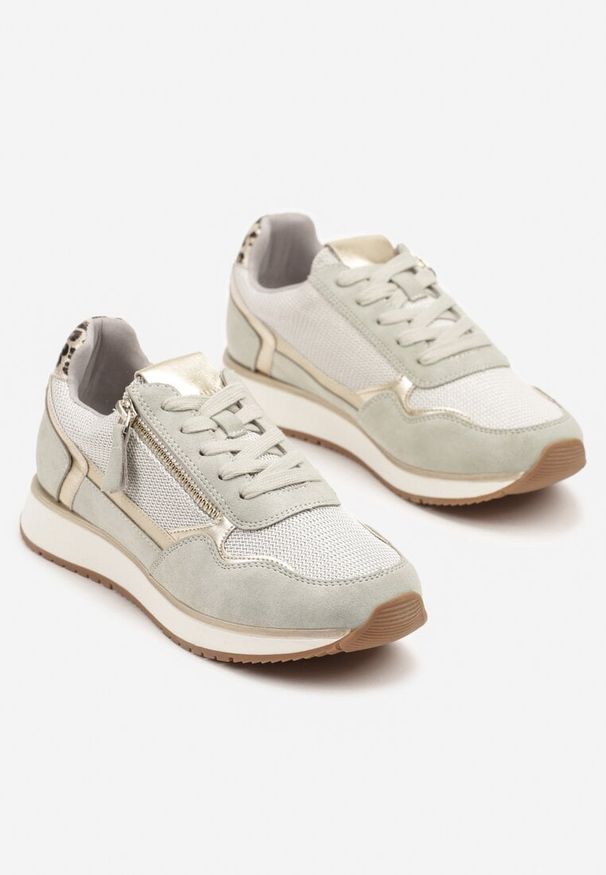 Born2be - Jasnozielone Sneakersy z Metalicznymi Wstawkami i Ozdobnym Suwakiem Alanatia. Okazja: na co dzień. Kolor: zielony. Materiał: jeans