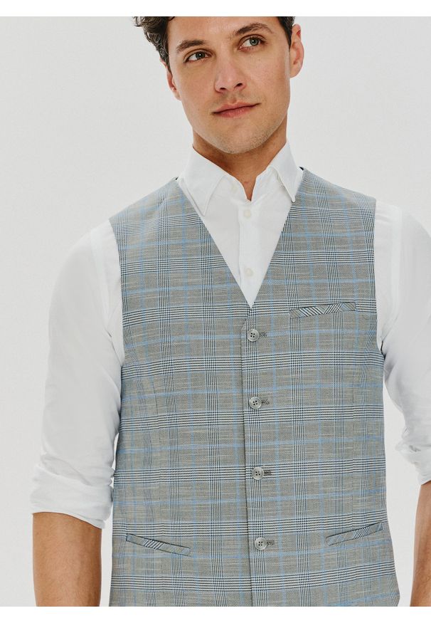 Pako Lorente - PAKO LORENTE – Męska szara kamizelka w kratę. Okazja: na ślub cywilny, na wesele. Kolor: szary. Materiał: poliester, elastan, wiskoza