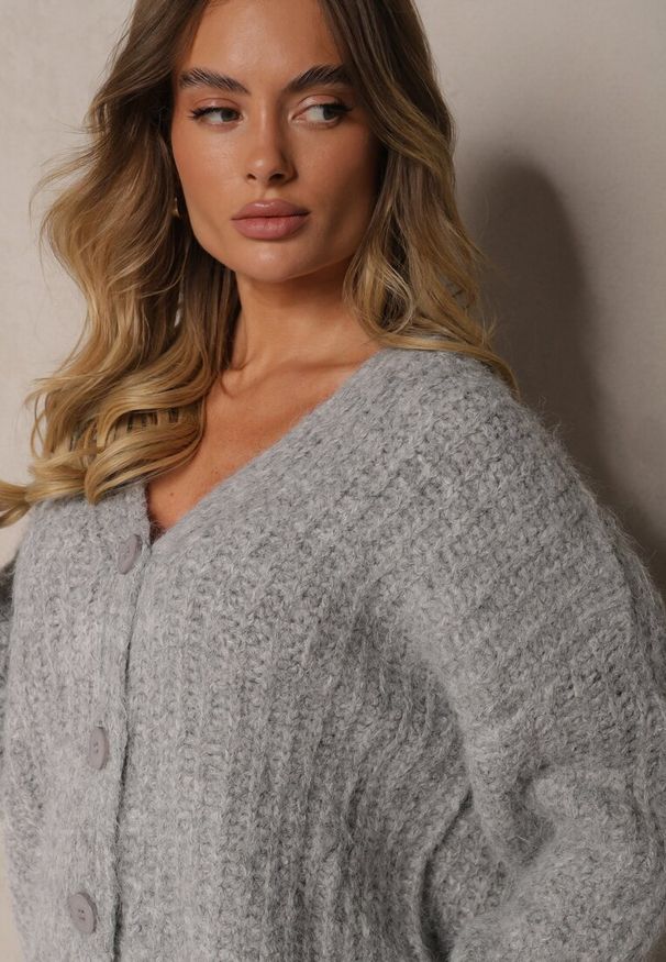 Renee - Jasnoszary Rozpinany Kardigan z Wełną i Ściągaczami przy Rękawach Ciarella. Okazja: na co dzień. Kolor: szary. Materiał: wełna. Styl: casual, elegancki
