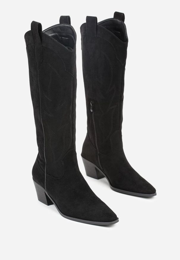 Renee - Czarne Haftowane Kozaki Kowbojki na Stożkowym Obcasie Galianna. Okazja: na co dzień. Kolor: czarny. Materiał: koronka, jeans. Wzór: haft. Obcas: na obcasie. Styl: casual. Wysokość obcasa: średni