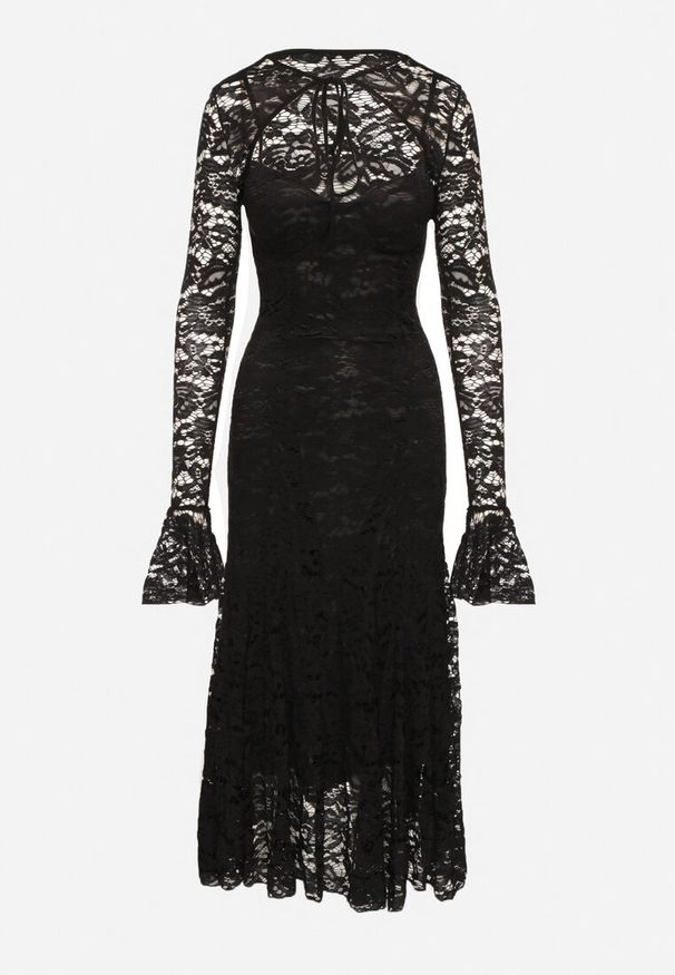 Born2be - Czarna Koronkowa Sukienka o Rozkloszowanym Kroju z Wiązanym Bolerkiem Gonneth. Okazja: na ślub cywilny, na wesele. Typ kołnierza: dekolt w kształcie V. Kolor: czarny. Materiał: koronka. Długość rękawa: na ramiączkach. Typ sukienki: rozkloszowane
