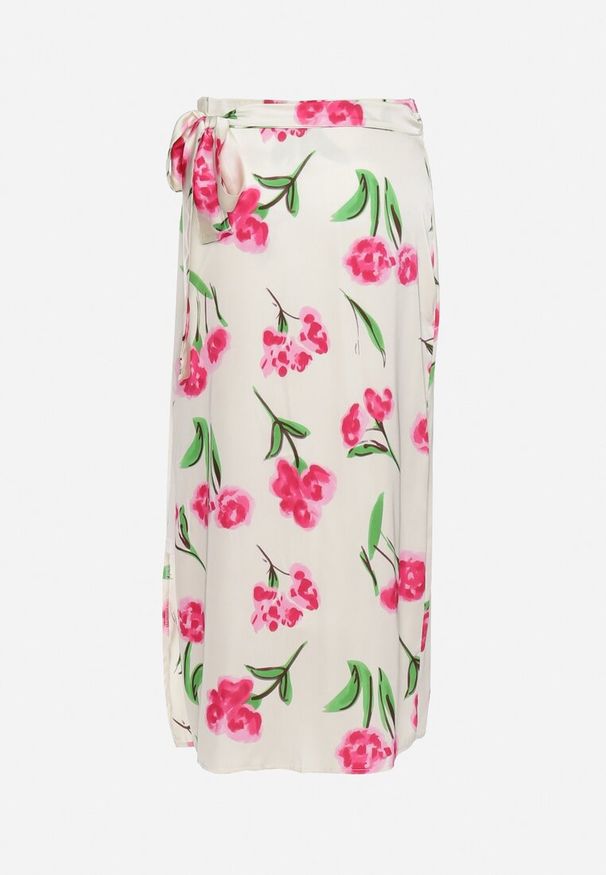 Born2be - Beżowo-Różowa Spódnica Satynowa o Kopertowym Fasonie Wiązana w Pasie w Kwiatowy Print Aisaleva. Okazja: na co dzień. Kolor: beżowy. Materiał: satyna. Wzór: kwiaty, nadruk. Styl: casual, klasyczny